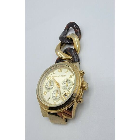 Michael Kors MK-4222 Gold Tone SS Tortoise Resin Quartz Watch Key Chain New Batt - Picture 2 of 8